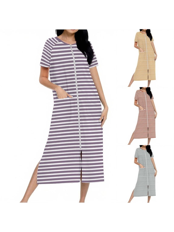 Sleep Shirts for Women, Nightgowns for Women, Full Length Zip Up Robe Long Knit Housecoat Gradient Color with Pockets
