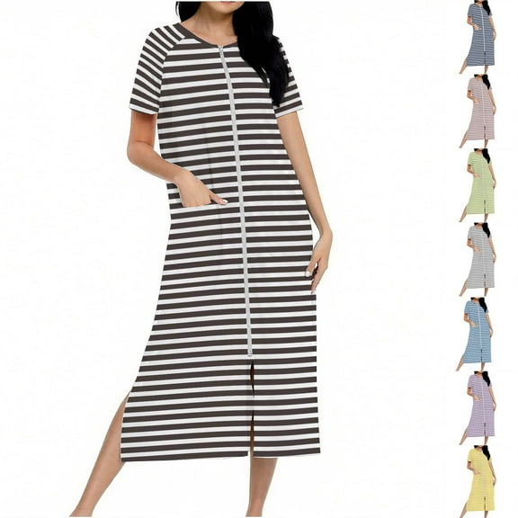 Ashirexll Sleep Shirts for Women, Nightgowns for Women, Full Length Zip Up Robe Long Knit Housecoat Gradient Color with Pockets