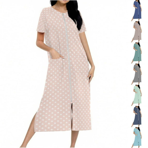 Ashirexll Sleep Shirts for Women, Nightgowns for Women, Long Knit Housecoat Full Length Zip Up Robe Gradient Color Nightgown