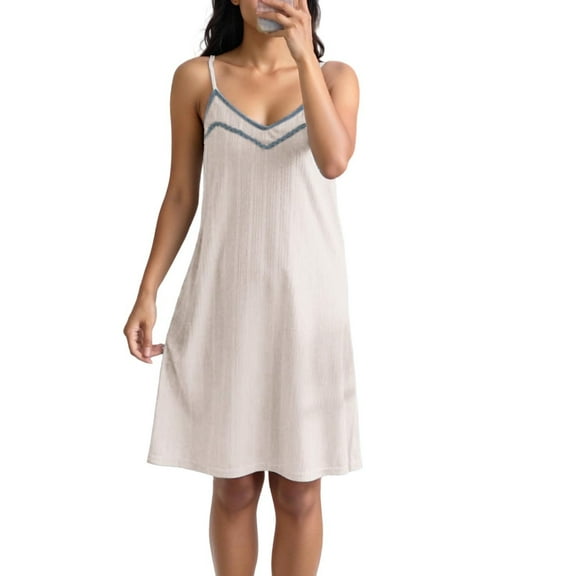 Ashirexll Sleep Shirts for Women, Nightgowns for Women Silk Striped Nightdress with Suspender Solid Color Home Dress