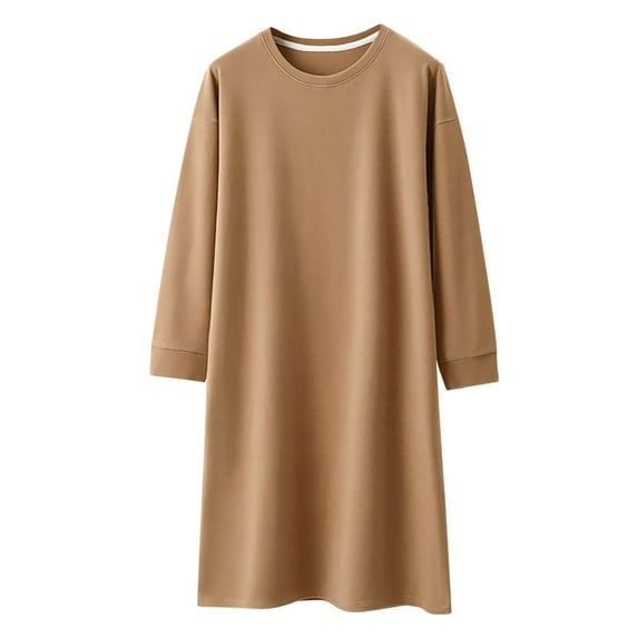 Ashirexll Sleep Shirts for Women, Nightgowns for Women, Solid Color Round Neck Long Sleeve Loose Mid Calf Long Nightshirt