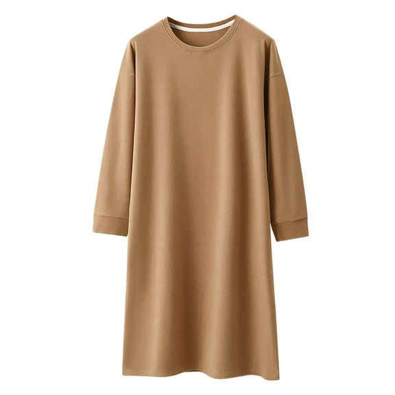 Ashirexll Sleep Shirts for Women, Nightgowns for Women, Solid Color Round Neck Long Sleeve Loose Mid Calf Long Nightshirt