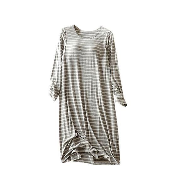 Ashirexll Sleep Shirts for Women, Nightgowns for Women, Striped Long Sleeve Round Neck Nightgown with Built In Bra