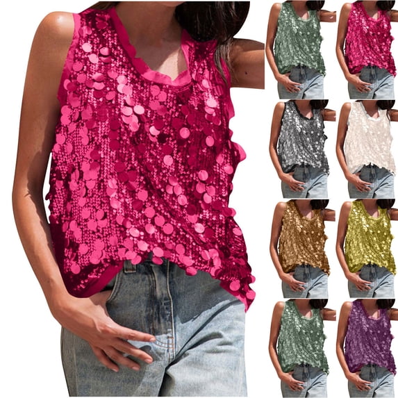 Ashirexll Sleeveless Tops for Women, Casual Solid Color Sequin Round Neck Loose Sleeveless Tank Blouses