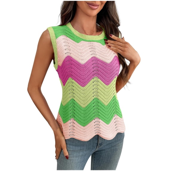 Ashirexll Sleeveless Tops for Women, Color Block Sleeveless Knitted Hollow Out Round Neck Tank Blouses