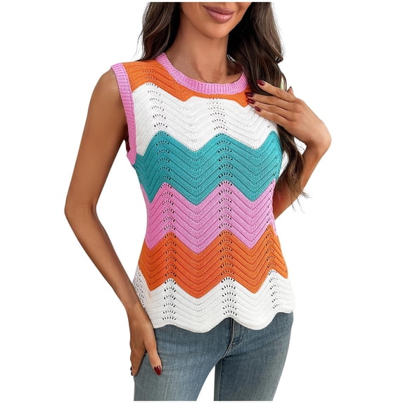 Ashirexll Sleeveless Tops for Women, Color Block Sleeveless Knitted Hollow Out Round Neck Tank Blouses