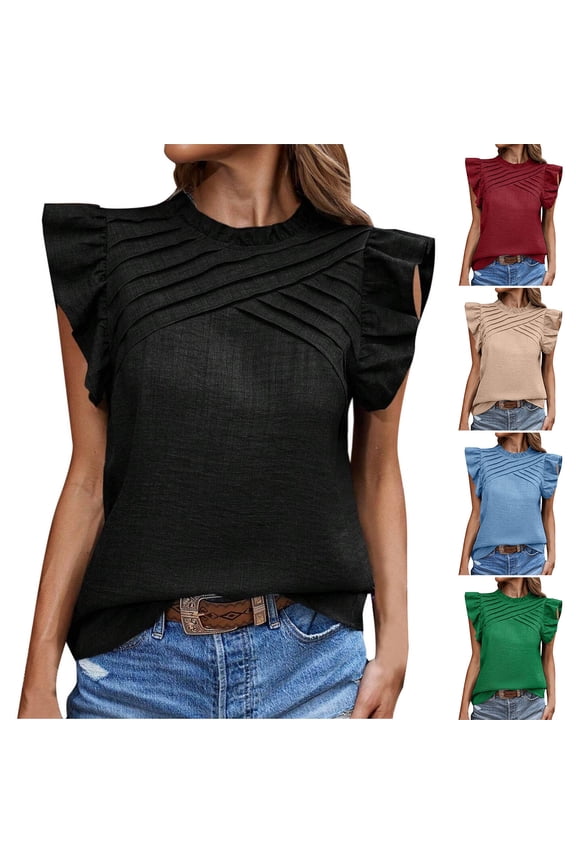 Sleeveless Tops for Women Solid Color Pleated Shoulder Flounce Round Neck Sleeveless Blouses