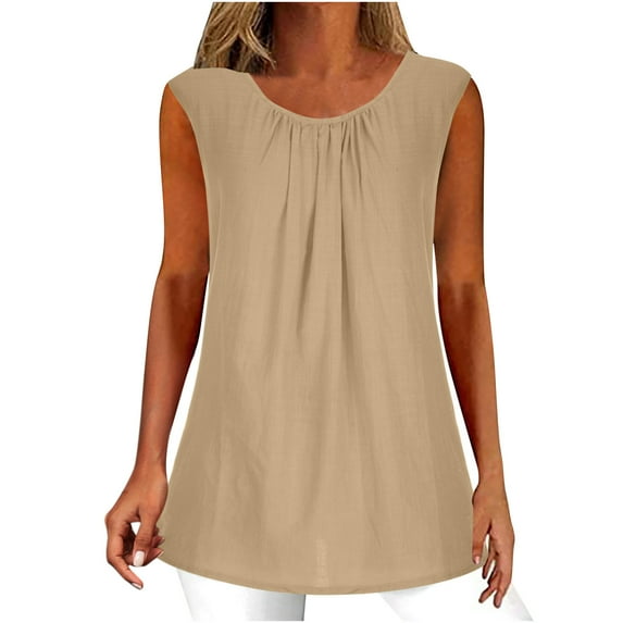 Ashirexll Sleeveless Tops for Women, Summer Solid Color Casual Tank Tops Loose Pleated Round Neck Tops Khaki M