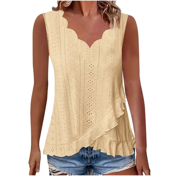 Ashirexll Sleeveless Tops for Women, Summer Tops for Women, Splicing V-Neck Hem Ruffle Lace Tank Casual Loose Blouse