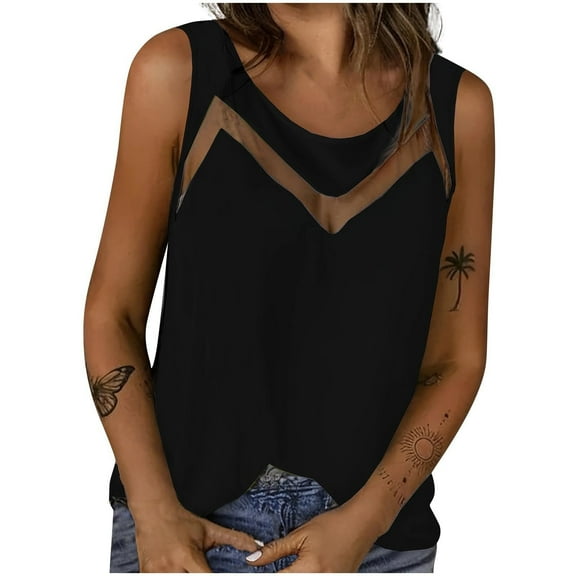 Ashirexll Sleeveless Tops for Women, Womens Casual Tops, Solid Color Lace Patchwork Round Neck Pullover Fashion Tank