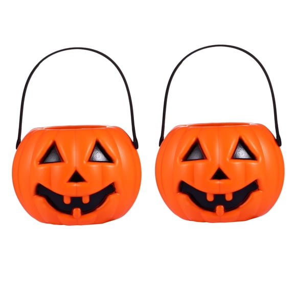 2pcs Halloween Pumpkin Bucket Candy Storage Buckets Portable Pumpkin Lamp Orange