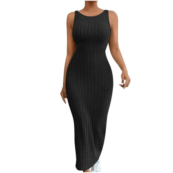Ashirexll Summer Dresses for Women 2024, Long Dresses for Women, Sleeveless Strap Long Sexy Wrapped Hip Waist Knitted Dress for Women Black M