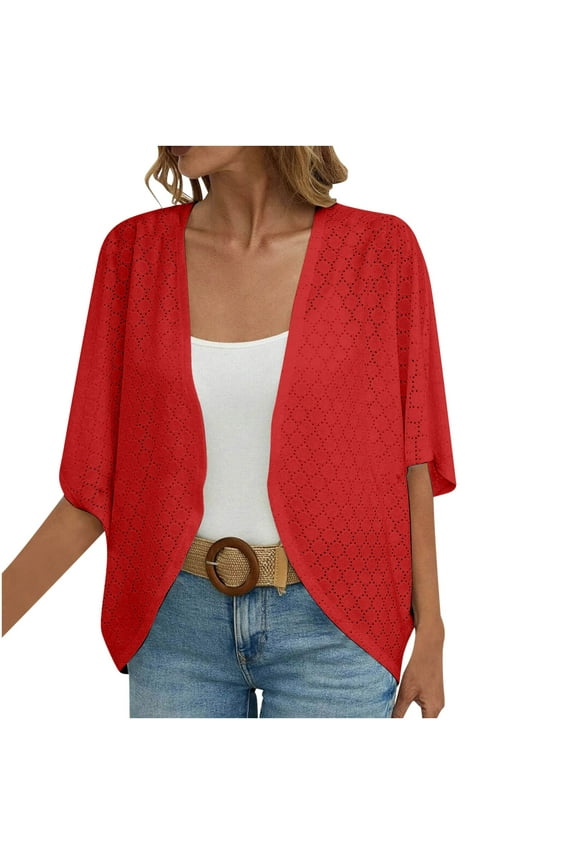 Summer Cardigan, Solid Color Summer 3/4 Sleeve Thin Cardigan Soft Breathable Casual Blouse Tops Swimsuit Coverup for Women Red XL