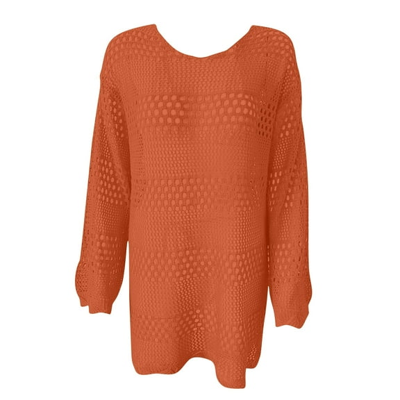 Ashirexll Summer Dress Bathing Suit Hollowed Out Cover Up for Beach Pool Swimwear Crochet Dress Long Sleeve Loose Plus Size Beach Dress Orange XL
