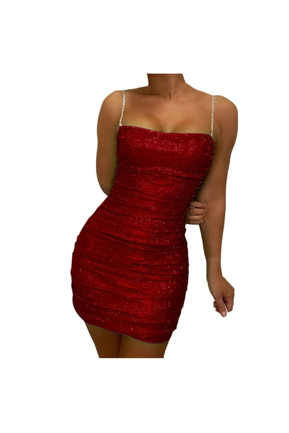 Summer Dress, Women's Dresses, Sequins Flash Chip Solid Club Night Backless Chain Sleeveless Short Dress Red XL