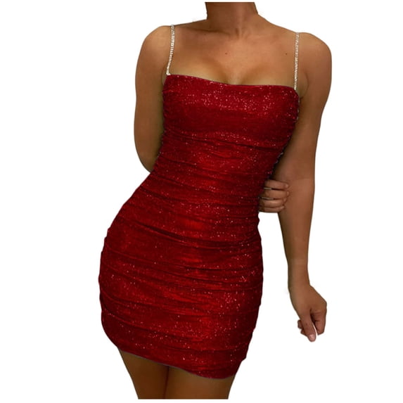 Ashirexll Summer Dress, Women's Dresses, Sequins Flash Chip Solid Club Night Backless Chain Sleeveless Short Dress Red XL