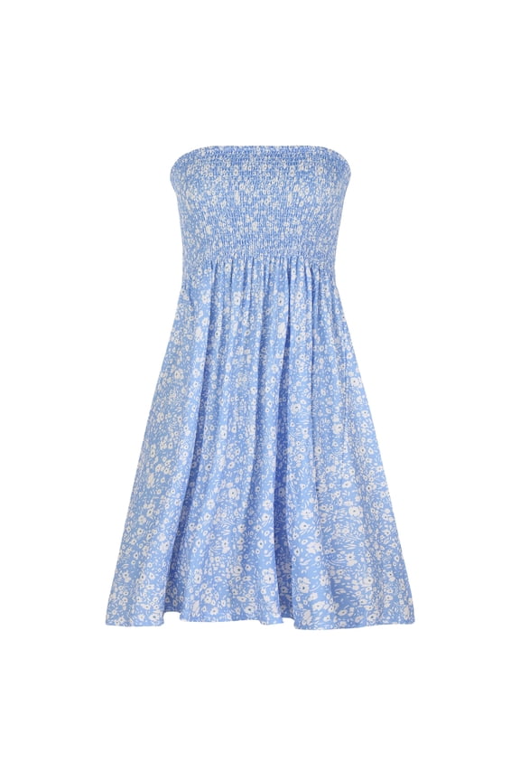 Summer Dress Womens Bohemian Style Strapless Elastic Band Dress Dresses Sleeveless Floral Print Dress Dresses for Women Blue S