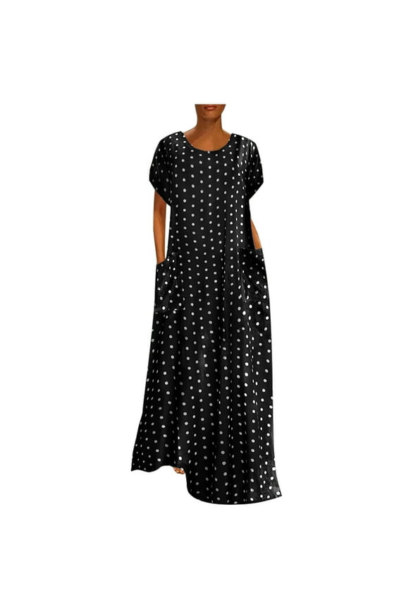 Summer Dress, Womens Sundresses for Beach Vacation, Plus Size Loose Short Sleeve Holiday Pockets Polka Print Maxi Dresses Black 3XL