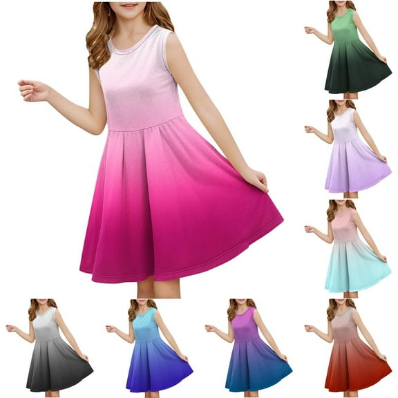 Ashirexll Summer Dresses for Teens Toddler Girls Fashion Solid Color Gradient Color 3-14 Years Sleeveless Round Neck Flowy Waist Cinching A-Line Dress