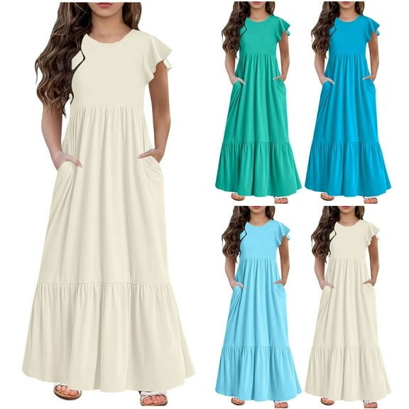 Ashirexll Summer Dresses for Teen Girls Fashion Casual Short Sleeve Round Neck Dots Printing Loose Comfortable Long Dress for 6-12 Years