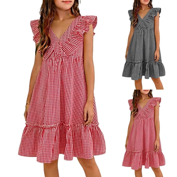 Ashirexll Summer Dresses for Teens Children Sleeveless Solid Color Round Neck Slim Strap A-Line Tank Dress for Teens Kids