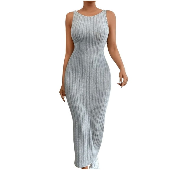Ashirexll Summer Dresses for Women 2024, Long Dresses for Women, Sleeveless Strap Long Wrapped Hip Waist Knitted Dress for Women Gray L