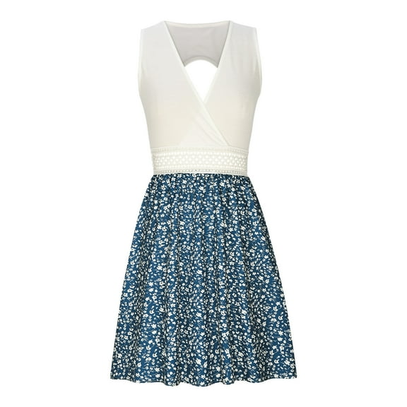 Ashirexll Summer Dresses for Women 2024, Sleeveless Dress for Women, Summer Print Casual Loose Sleevless V-Neck Dress Blue XL