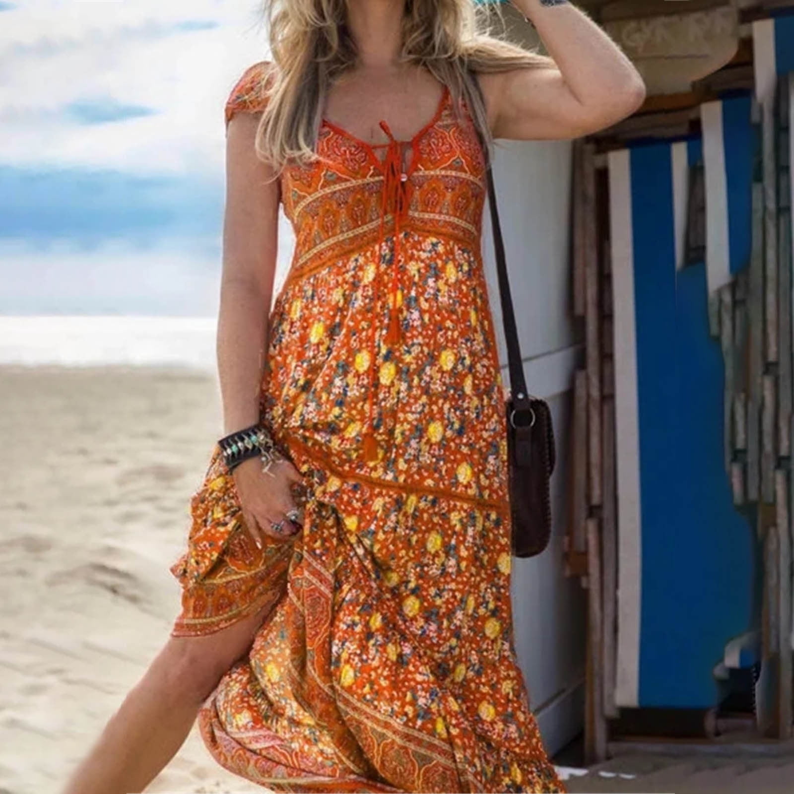 Ashirexll Summer Dresses for Women Casual Lace-up Long Print
