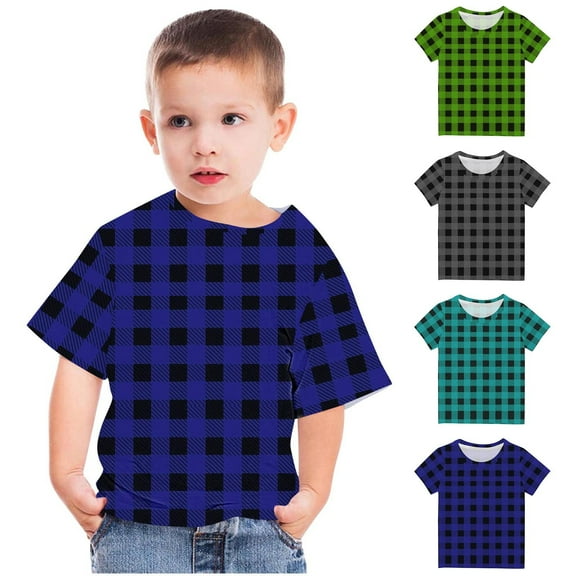 Ashirexll Summer Shirts, Shirts for Girls, 3-14 Years Boys and Girls Shirts Summer Short Sleeve Round Neck T-shirt Fashion Plaid Printed Top