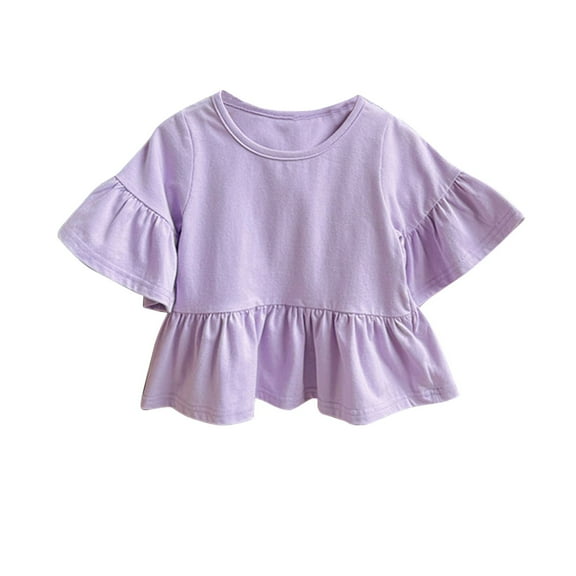 Ashirexll Summer Shirts, Shirts for Girls, Children Solid Color Summer Tops Little Girl Casual Ruffle Sleeve Round Neck Blouses
