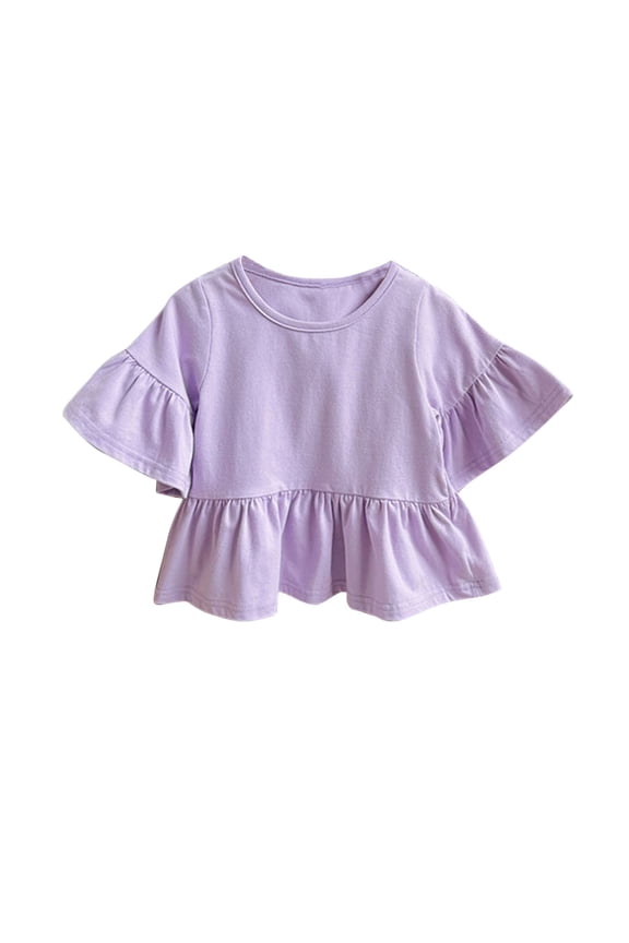 Summer Shirts, Shirts for Girls, Children Solid Color Summer Tops Little Girl Casual Ruffle Sleeve Round Neck Blouses