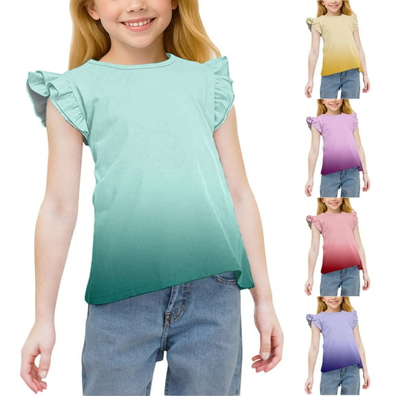 Ashirexll Summer Shirts, Shirts for Girls, Kids' Gradient Color Summer Top Cute Ruffle Sleeve Round Neck Casual Tops for 3-15 Years Girls
