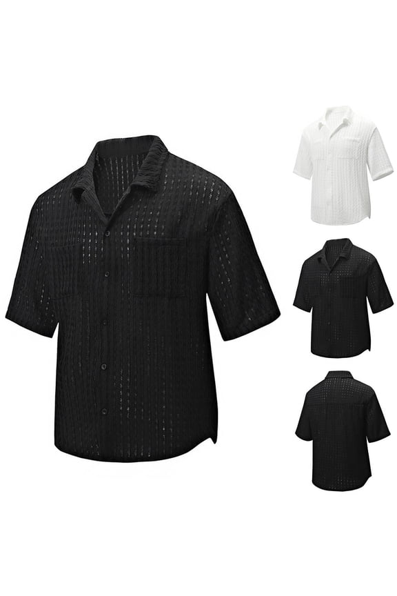 Summer Shirts for Men, Button up Shirt Men, Casual Solid Color Hollow out Short Sleeve Turndown Pocket Cardigan Button Shirts