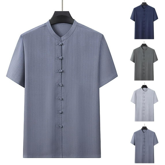 Ashirexll Summer Shirts for Men, Button up Shirt Men, Fashion Comfortable Solid Color Short Sleeve Standing Collar Casual Shirts
