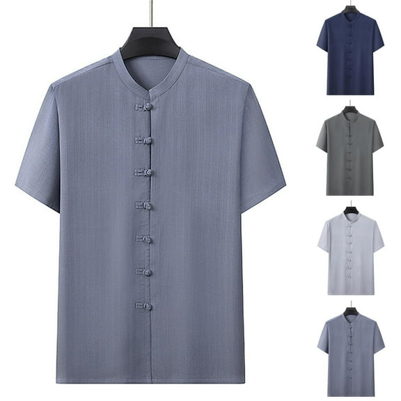 Ashirexll Summer Shirts for Men, Button up Shirt Men, Fashion Comfortable Solid Color Short Sleeve Standing Collar Casual Shirts