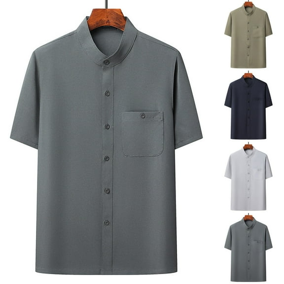 Ashirexll Summer Shirts for Men, Button up Shirt Men, Fashion Comfortable Solid Color Short Sleeve Standing Collar Casual Shirts