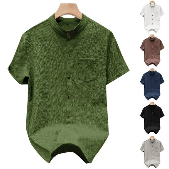 Ashirexll Summer Shirts for Men, Button up Shirt Men, Standing Collar Button up Shirts for Casual Summer Comfortable Shirts with Pocket