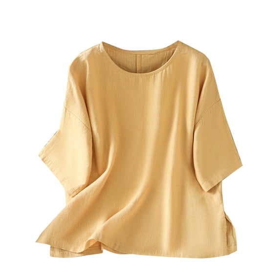 Ashirexll Summer Shirts for Women, Short Sleeve Shirts for Women, Casual Fashion Solid Color Button Short Sleeve Round Neck Blouse