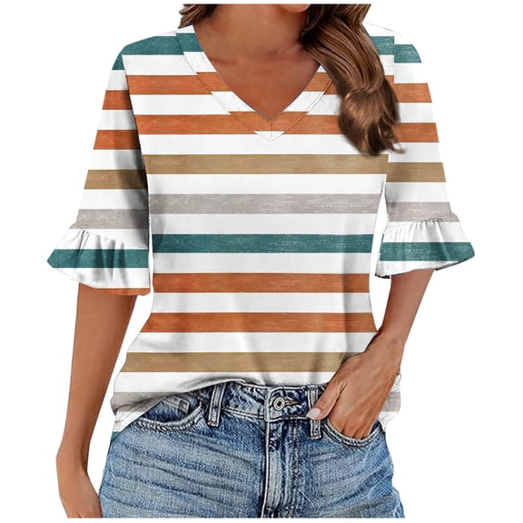 Ashirexll Summer Shirts for Women, Short Sleeve Shirts for Women, Fashion Casual Polka Dots V-Neck Ruffle 3/4 Sleeve Blouse