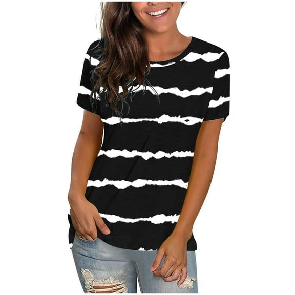 Ashirexll Summer Shirts for Women, Short Sleeve Shirts for Women, Fashion Casual Printed Striped Round Neck Short Sleeve T-Shirt Top