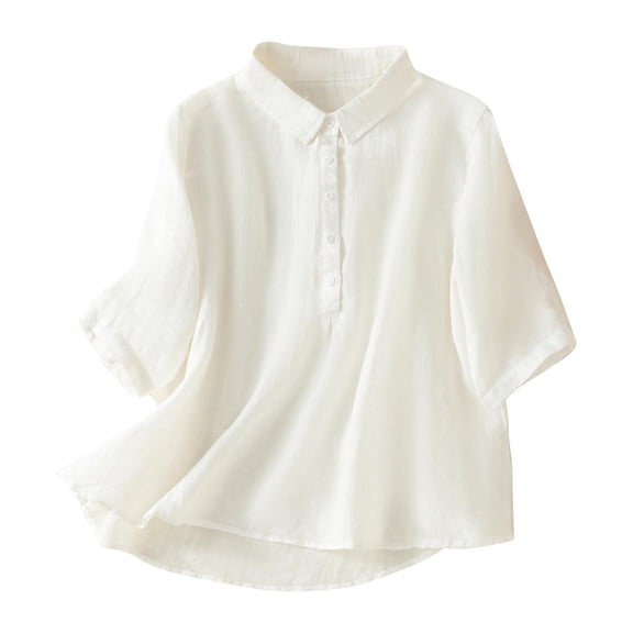 Ashirexll Summer Shirts for Women, Womens Casual Tops, Casual Solid Color Imitation Linen Short Sleeve Turndown Collar Top