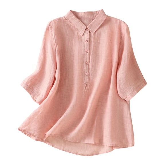 Ashirexll Summer Shirts for Women, Womens Casual Tops, Casual Solid Color Imitation Linen Short Sleeve Turndown Collar Top