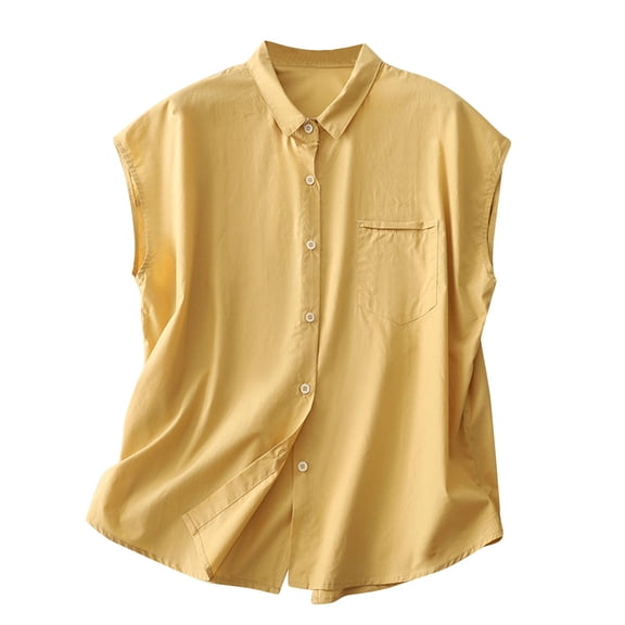 Ashirexll Summer Shirts for Women, Womens Casual Tops, Casual Solid Color Imitation Linen Short Sleeve Turndown Collar Top