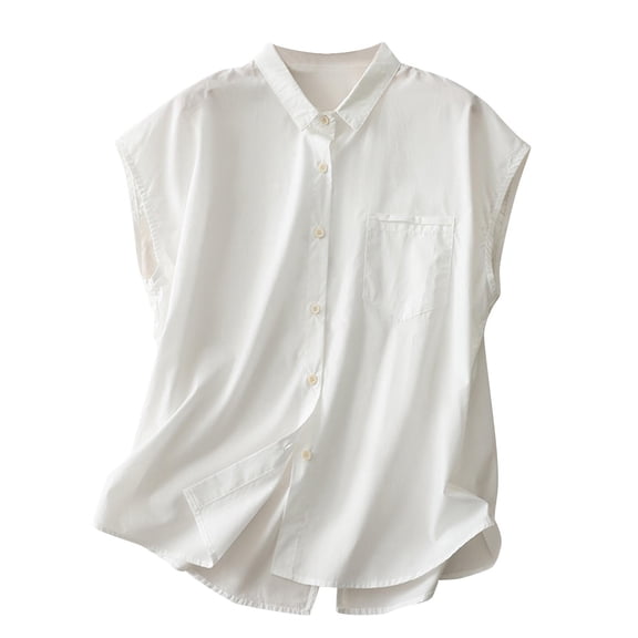 Ashirexll Summer Shirts for Women, Womens Casual Tops, Casual Solid Color Imitation Linen Short Sleeve Turndown Collar Top