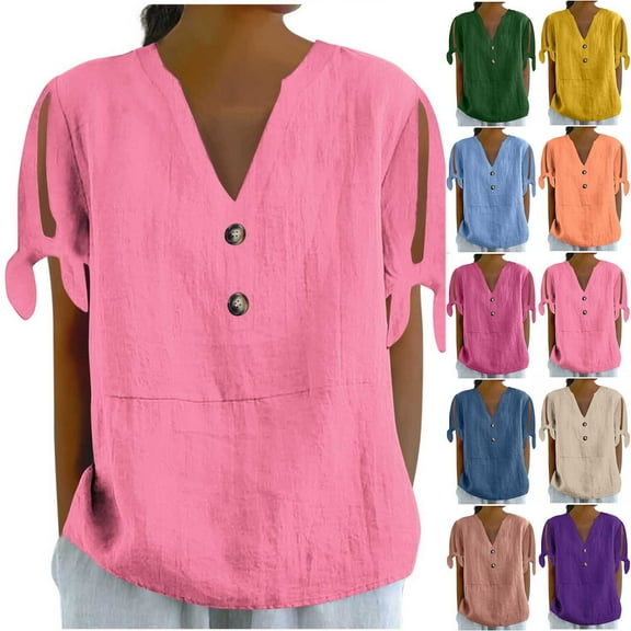 Ashirexll Summer Shirts for Women, Womens Casual Tops, Fashion Casual Loose Summer Solid Color V-Neck Button Tied T-Shirt