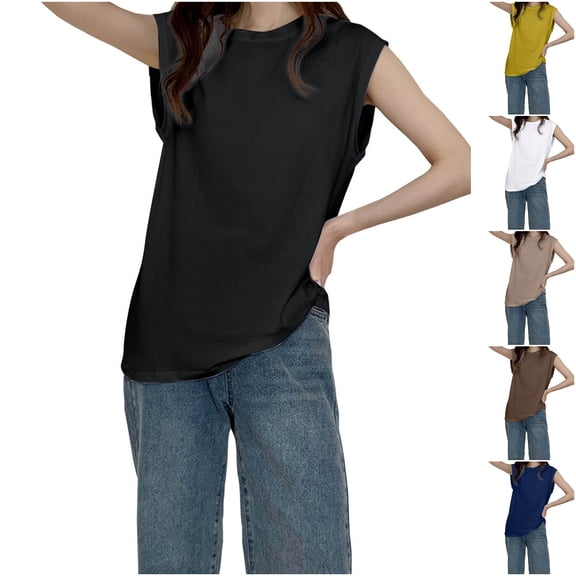 Ashirexll Summer Shirts for Women, Womens Casual Tops, Fashion Loose Summer Solid Color Round Neck Sleeveless Casual T-Shirt Top