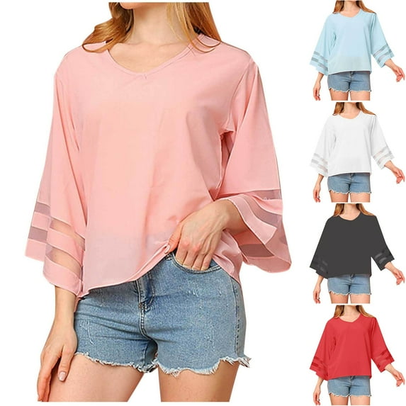 Ashirexll Summer Shirts for Women, Womens Casual Tops, Fashion Solid Color Casual Mesh 3/4 Sleeve V-Neck Comfortable Shirt