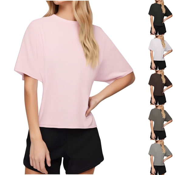 Ashirexll Summer Shirts for Women, Womens Casual Tops, Summer Versatile Solid Color Loose Short Sleeve Round Neck Shirt