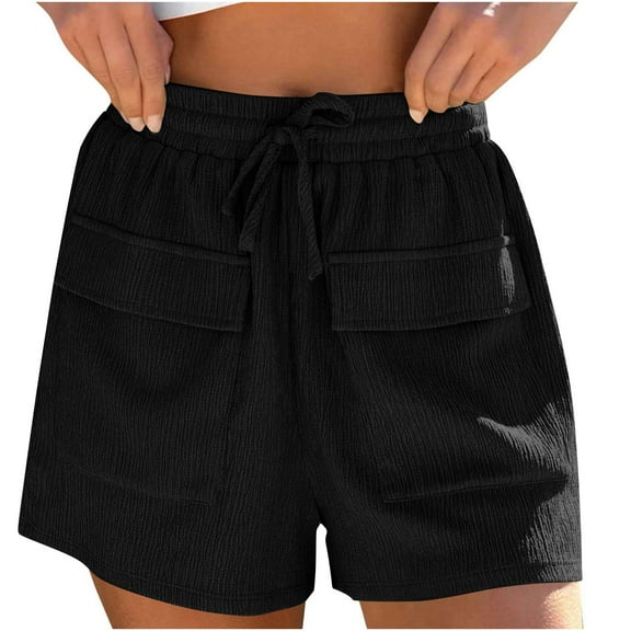 Ashirexll Summer Shorts for Women Solid Color Plus Size Fashion Elastic High Waist Drawstring Casual Lightweight Breathable Comfortable Loose with Pocket Black L