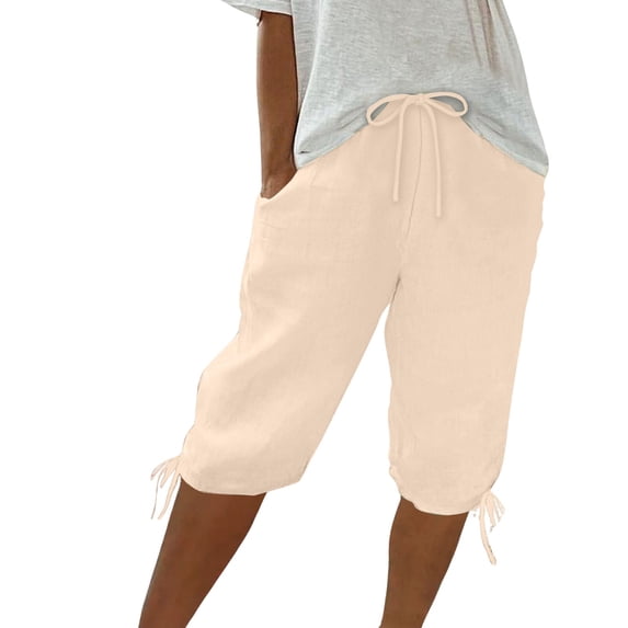 Ashirexll Summer Shorts for Women, Solid Color Plus Size Cotton Linen Shorts Drawstring Casual Shorts Beige XL